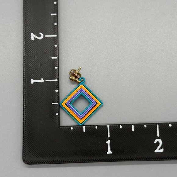 Vintage Bright Multicolor Retro Geometric Enamel Block Square Earrings 80's - Picture 10 of 10